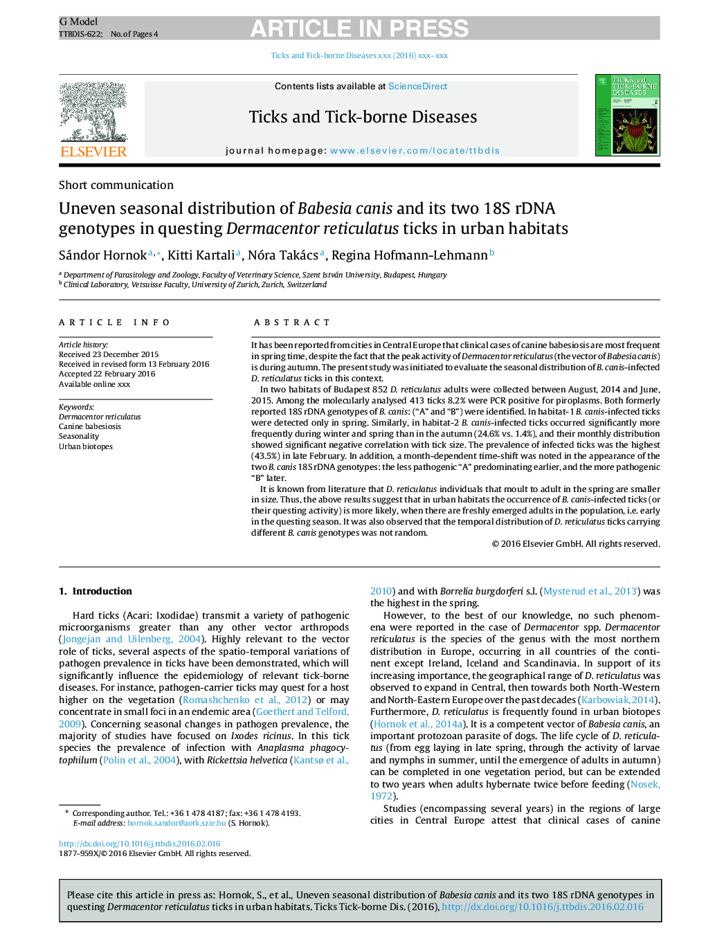 Uneven seasonal distribution of Babesia canis and its two 18S rDNA genotypes in questing Dermacentor reticulatus ticks in urban habitats