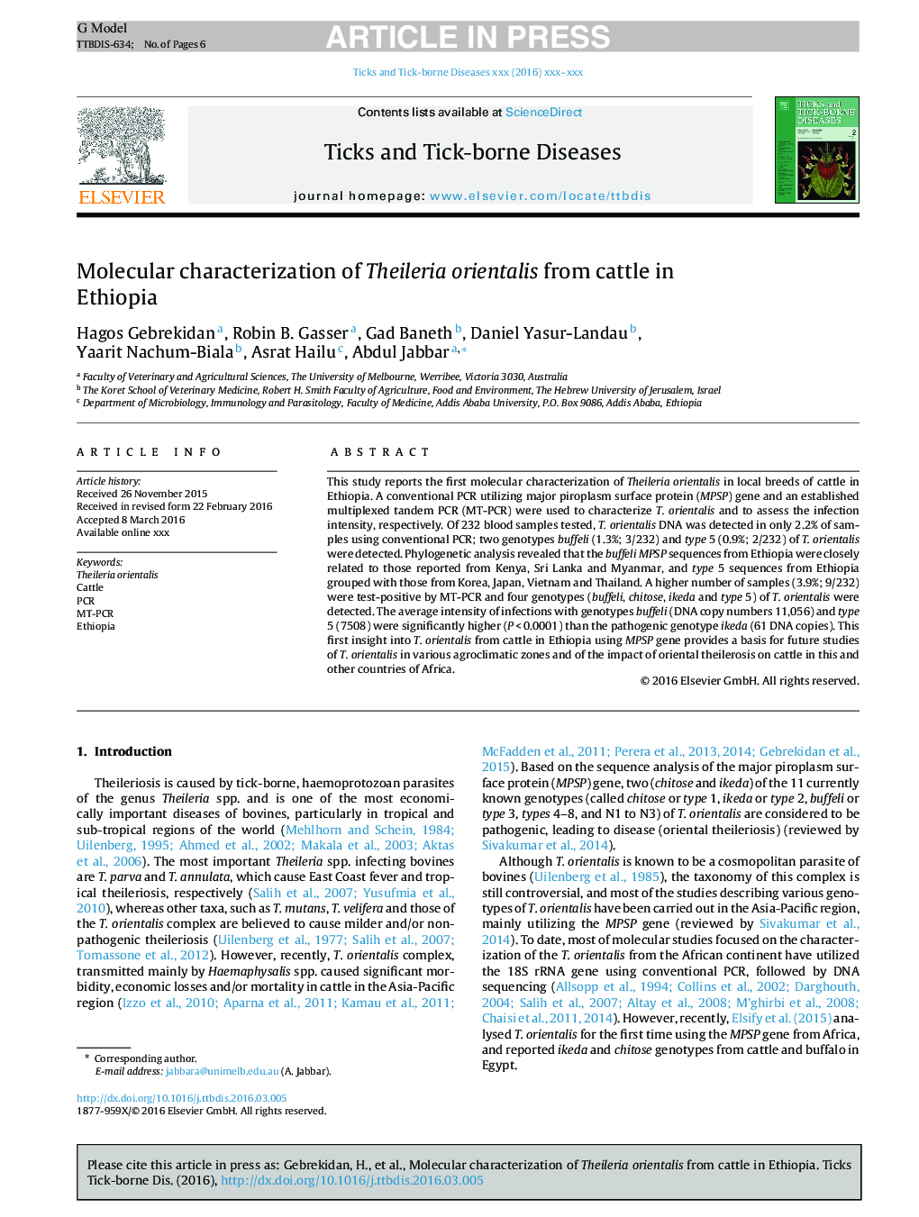 Molecular characterization of Theileria orientalis from cattle in Ethiopia