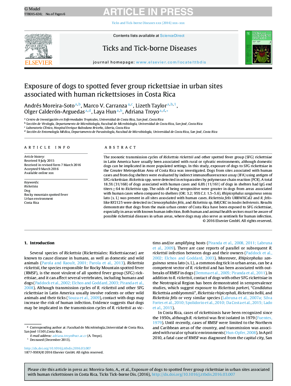 Exposure of dogs to spotted fever group rickettsiae in urban sites associated with human rickettsioses in Costa Rica