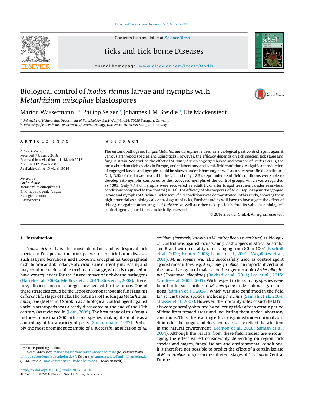 Biological control of Ixodes ricinus larvae and nymphs with Metarhizium anisopliae blastospores