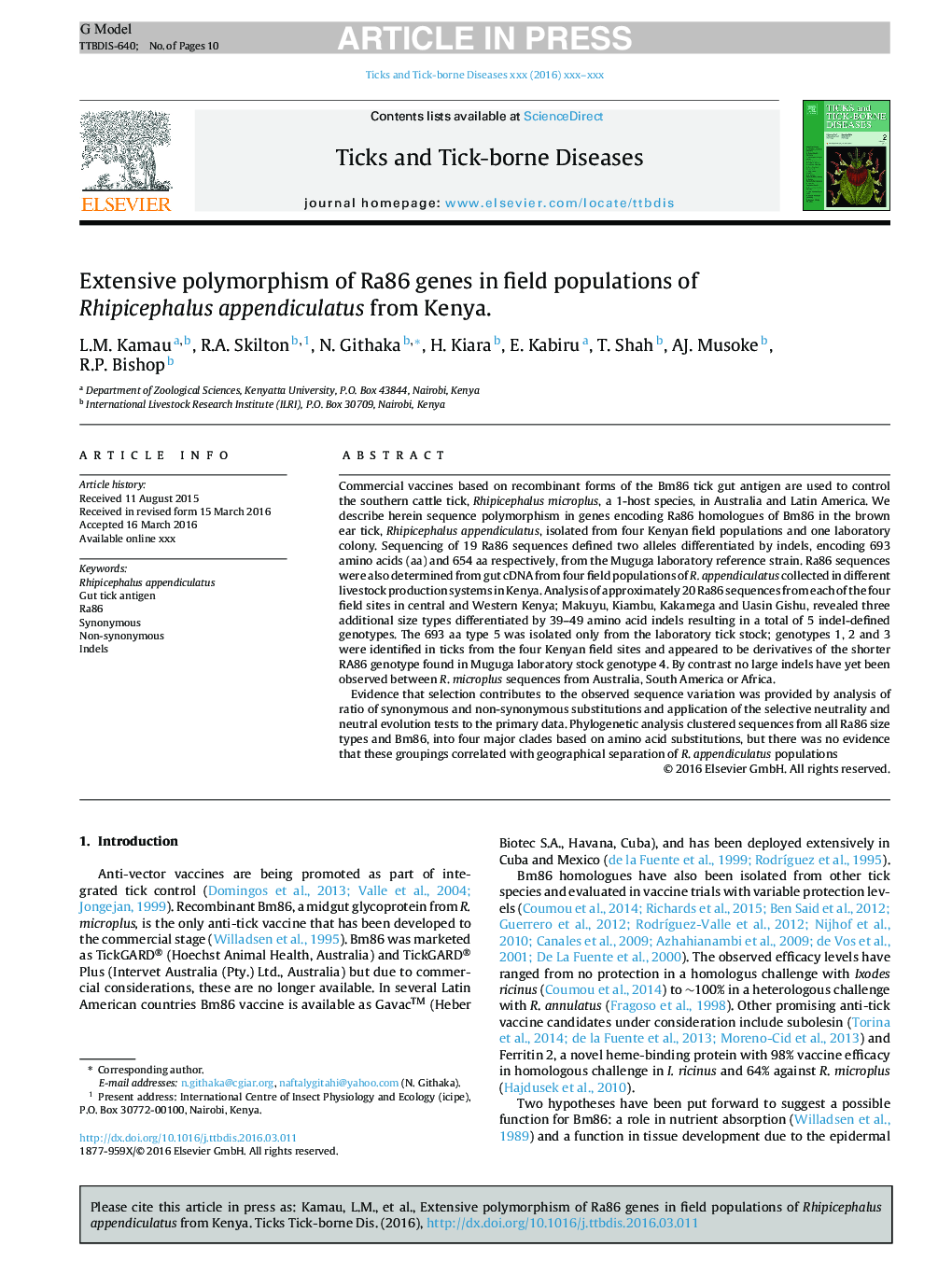 Extensive polymorphism of Ra86 genes in field populations of Rhipicephalus appendiculatus from Kenya.