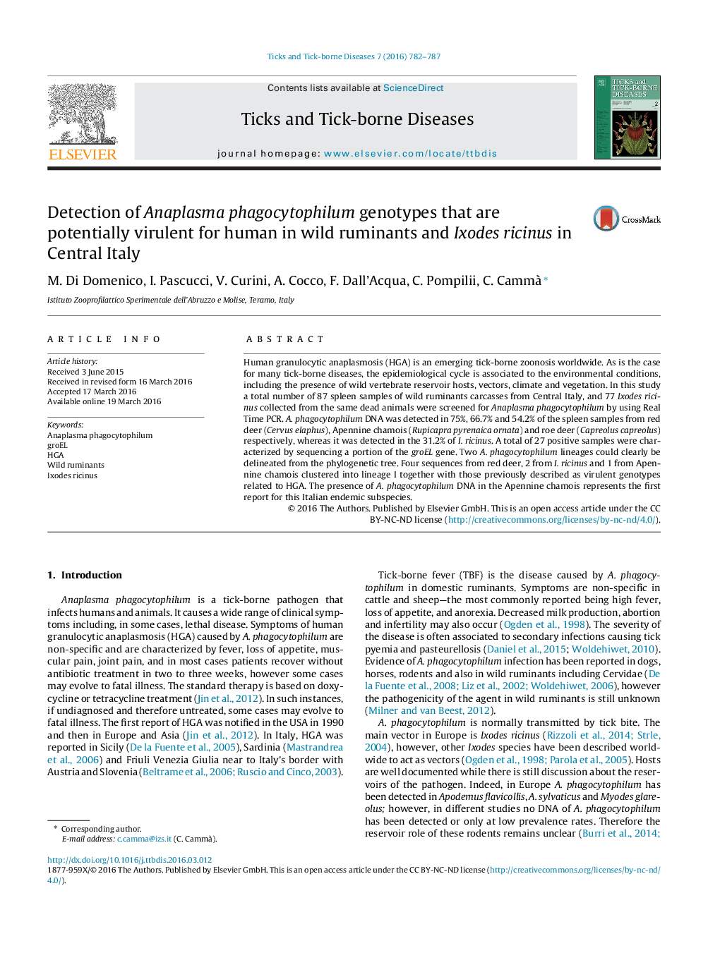 Detection of Anaplasma phagocytophilum genotypes that are potentially virulent for human in wild ruminants and Ixodes ricinus in Central Italy