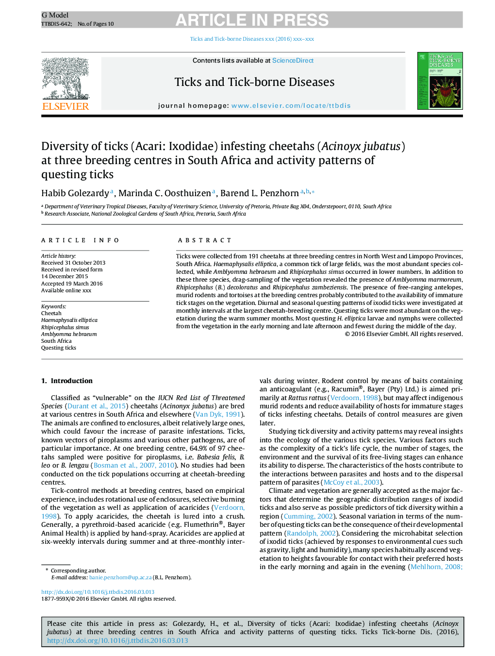 Diversity of ticks (Acari: Ixodidae) infesting cheetahs (Acinoyx jubatus) at three breeding centres in South Africa and activity patterns of questing ticks