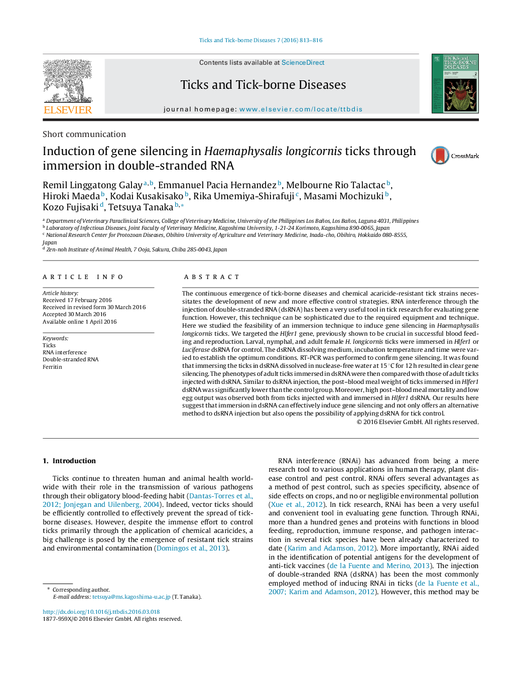 Induction of gene silencing in Haemaphysalis longicornis ticks through immersion in double-stranded RNA