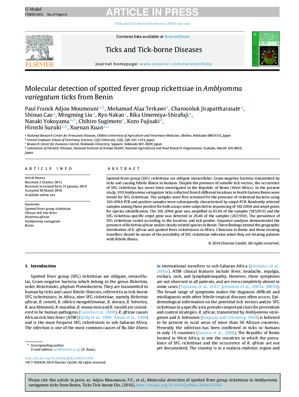 Molecular detection of spotted fever group rickettsiae in Amblyomma variegatum ticks from Benin