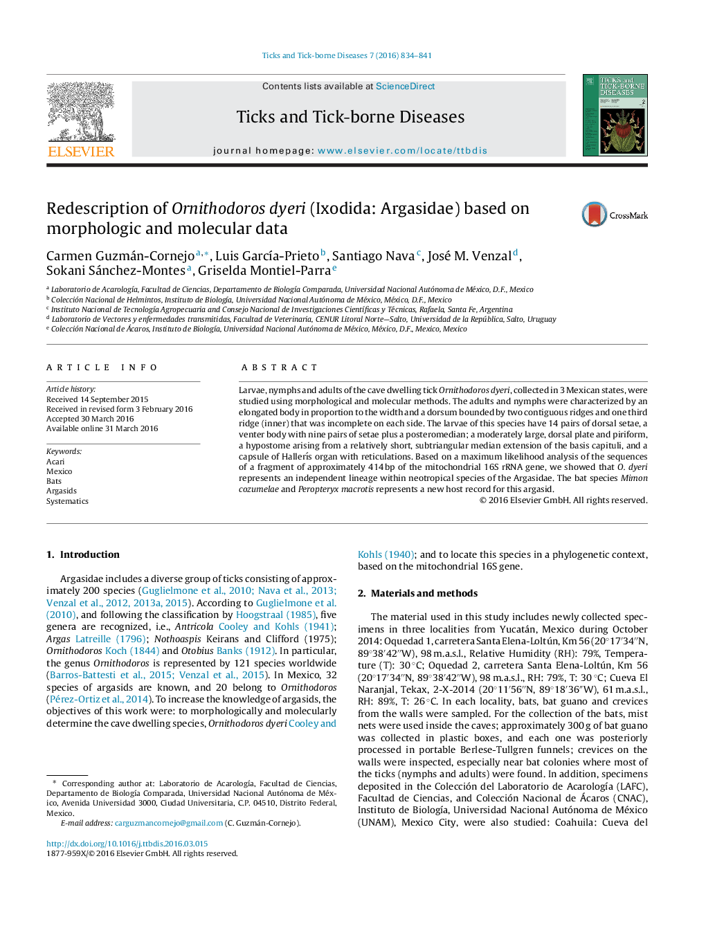 Redescription of Ornithodoros dyeri (Ixodida: Argasidae) based on morphologic and molecular data