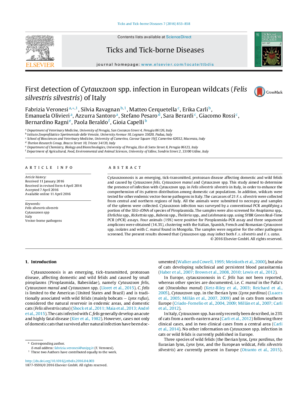 First detection of Cytauxzoon spp. infection in European wildcats (Felis silvestris silvestris) of Italy