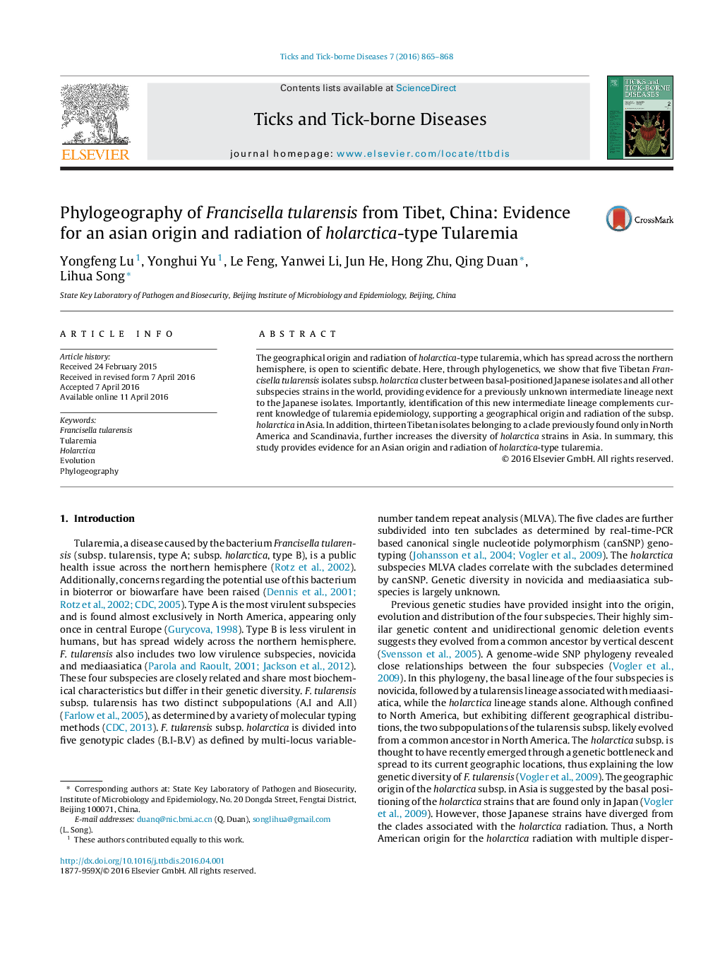 Phylogeography of Francisella tularensis from Tibet, China: Evidence for an asian origin and radiation of holarctica-type Tularemia