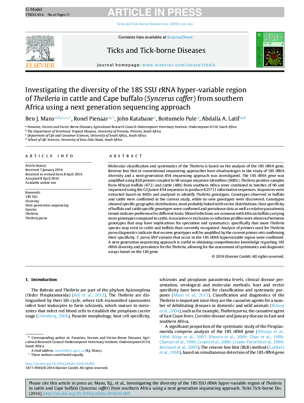 Investigating the diversity of the 18S SSU rRNA hyper-variable region of Theileria in cattle and Cape buffalo (Syncerus caffer) from southern Africa using a next generation sequencing approach