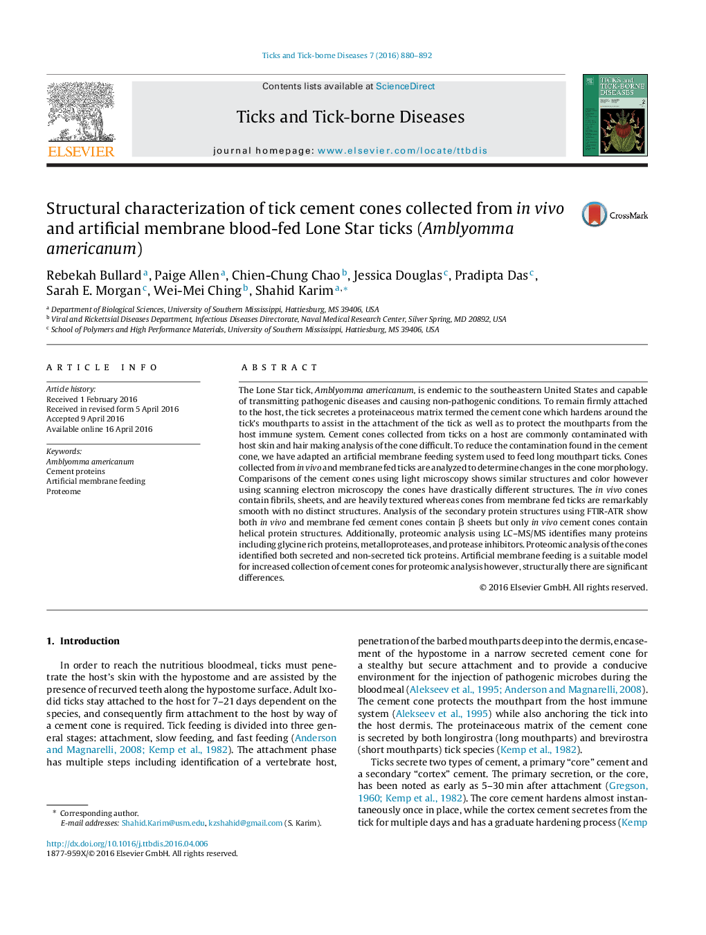 Structural characterization of tick cement cones collected from in vivo and artificial membrane blood-fed Lone Star ticks (Amblyomma americanum)