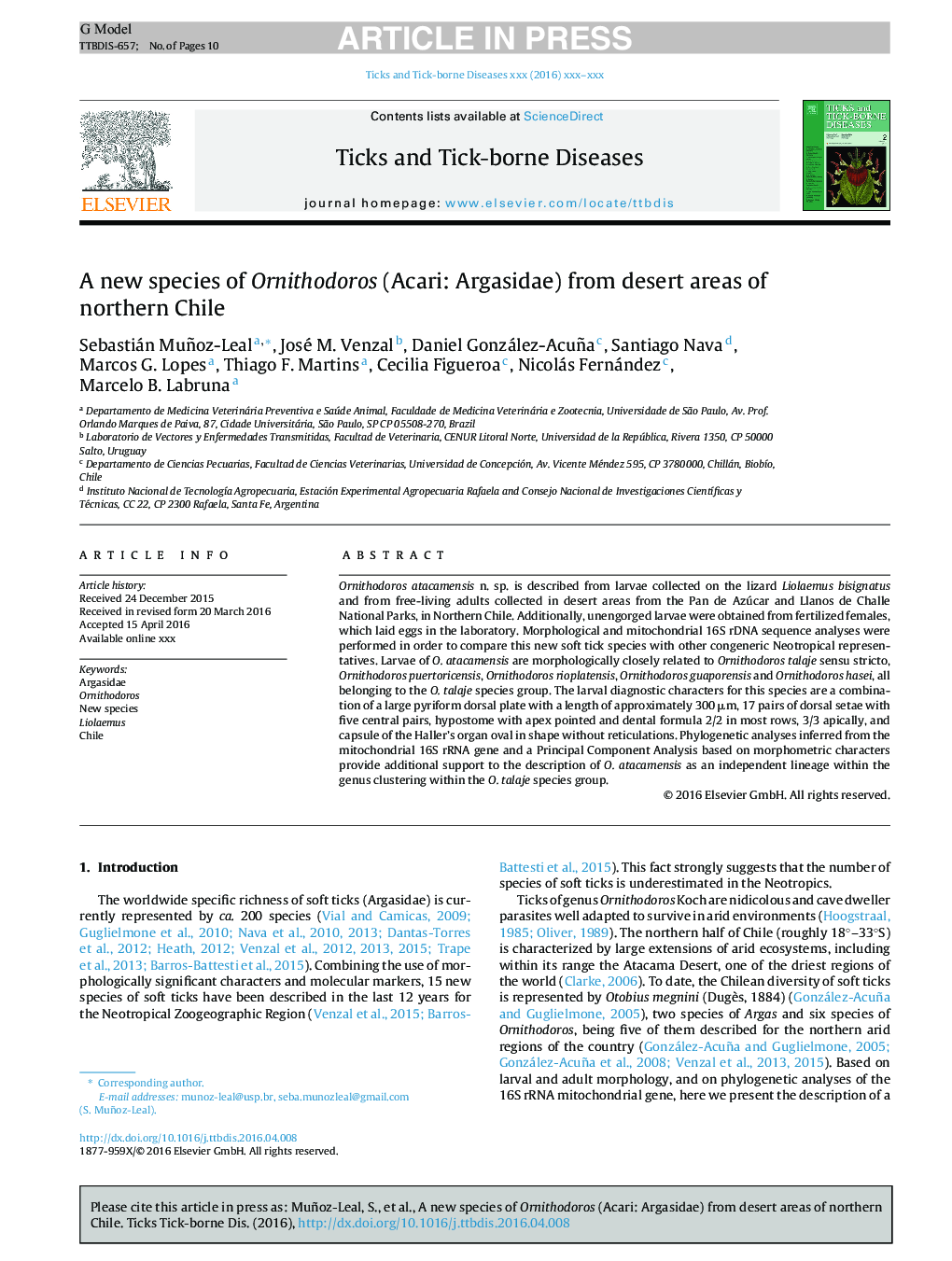 A new species of Ornithodoros (Acari: Argasidae) from desert areas of northern Chile