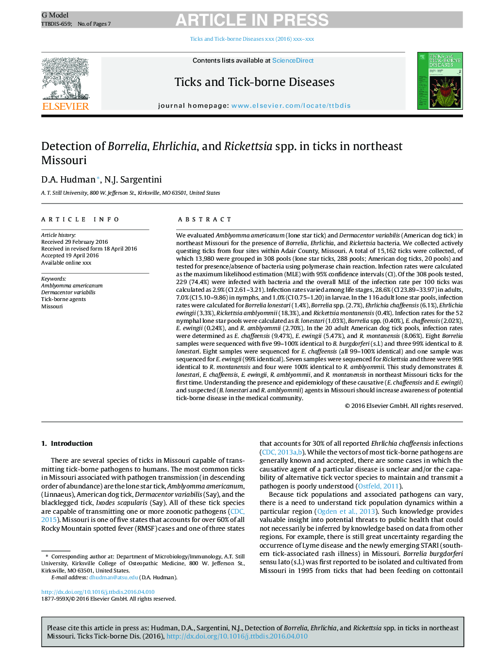 Detection of Borrelia, Ehrlichia, and Rickettsia spp. in ticks in northeast Missouri