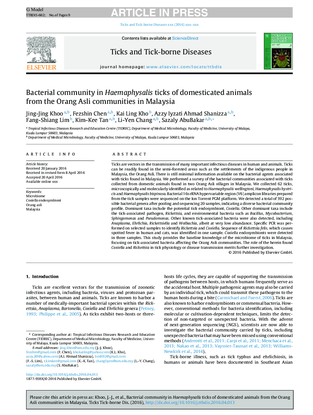 Bacterial community in Haemaphysalis ticks of domesticated animals from the Orang Asli communities in Malaysia