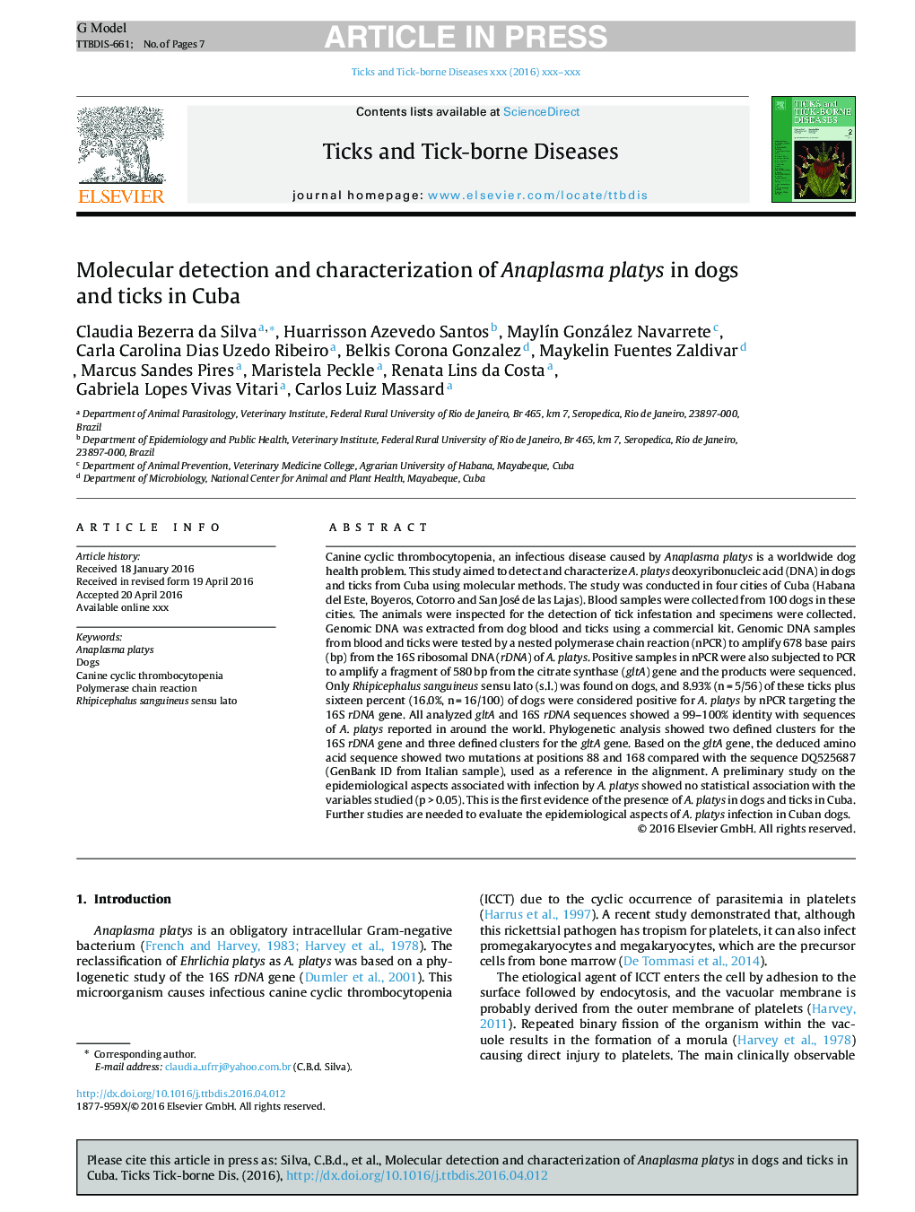 Molecular detection and characterization of Anaplasma platys in dogs and ticks in Cuba