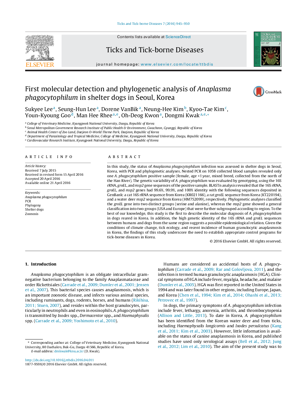 First molecular detection and phylogenetic analysis of Anaplasma phagocytophilum in shelter dogs in Seoul, Korea