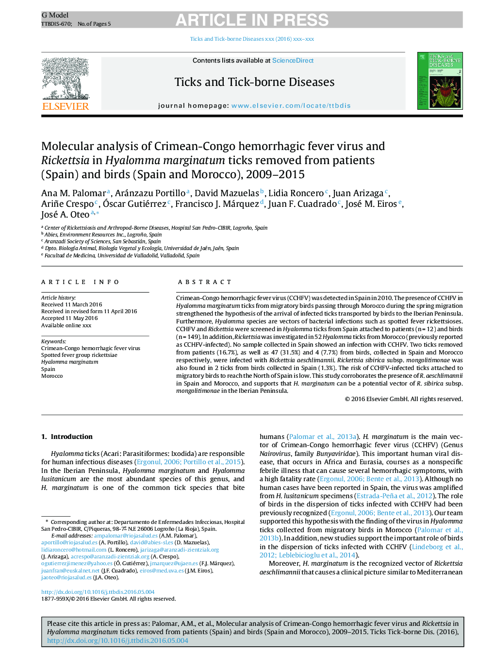 Molecular analysis of Crimean-Congo hemorrhagic fever virus and Rickettsia in Hyalomma marginatum ticks removed from patients (Spain) and birds (Spain and Morocco), 2009-2015