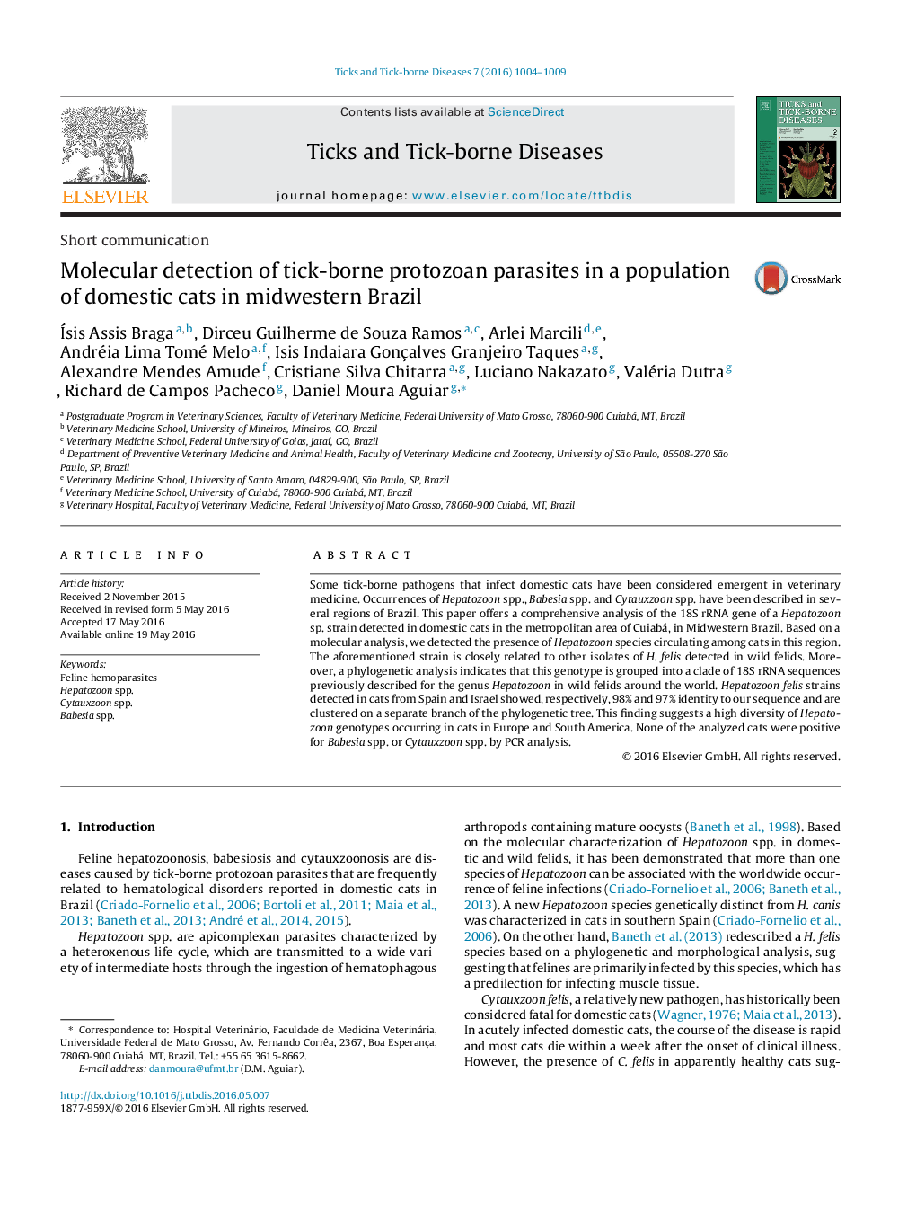 Molecular detection of tick-borne protozoan parasites in a population of domestic cats in midwestern Brazil