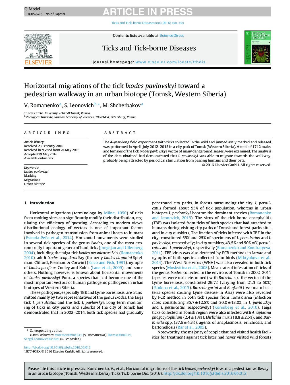 Horizontal migrations of the tick Ixodes pavlovskyi toward a pedestrian walkway in an urban biotope (Tomsk, Western Siberia)