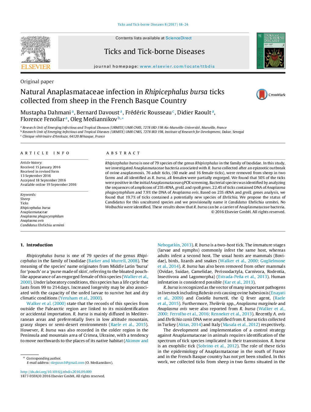 Natural Anaplasmataceae infection in Rhipicephalus bursa ticks collected from sheep in the French Basque Country