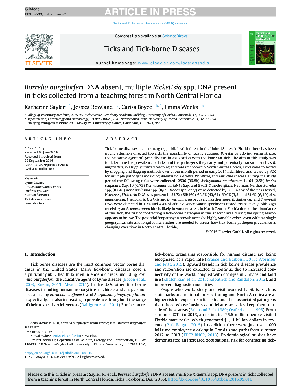 Borrelia burgdorferi DNA absent, multiple Rickettsia spp. DNA present in ticks collected from a teaching forest in North Central Florida