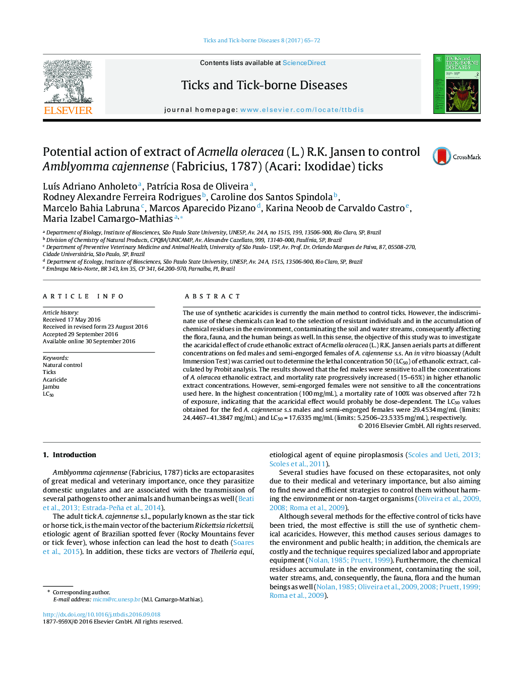 Potential action of extract of Acmella oleracea (L.) R.K. Jansen to control Amblyomma cajennense (Fabricius, 1787) (Acari: Ixodidae) ticks