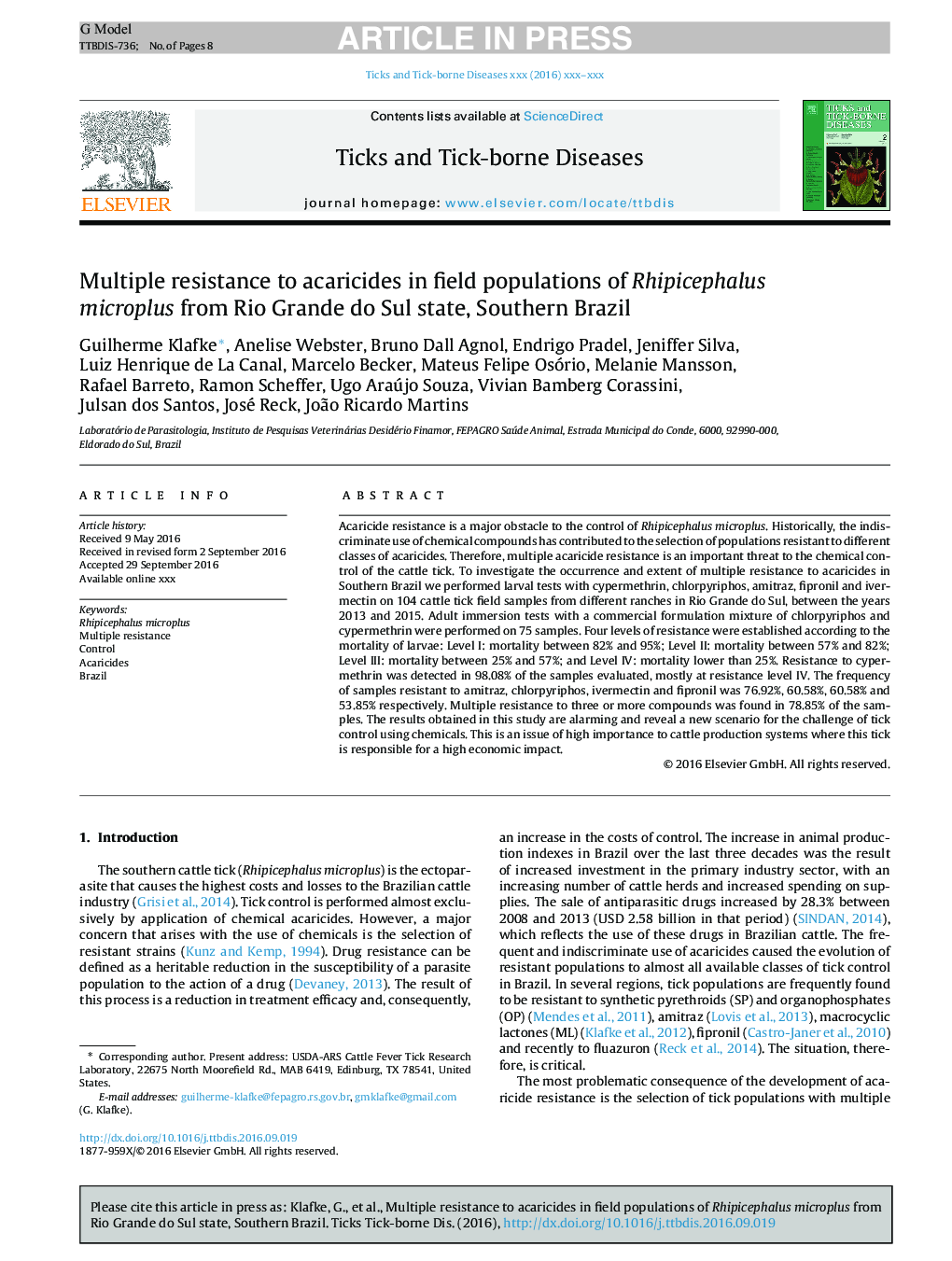 Multiple resistance to acaricides in field populations of Rhipicephalus microplus from Rio Grande do Sul state, Southern Brazil