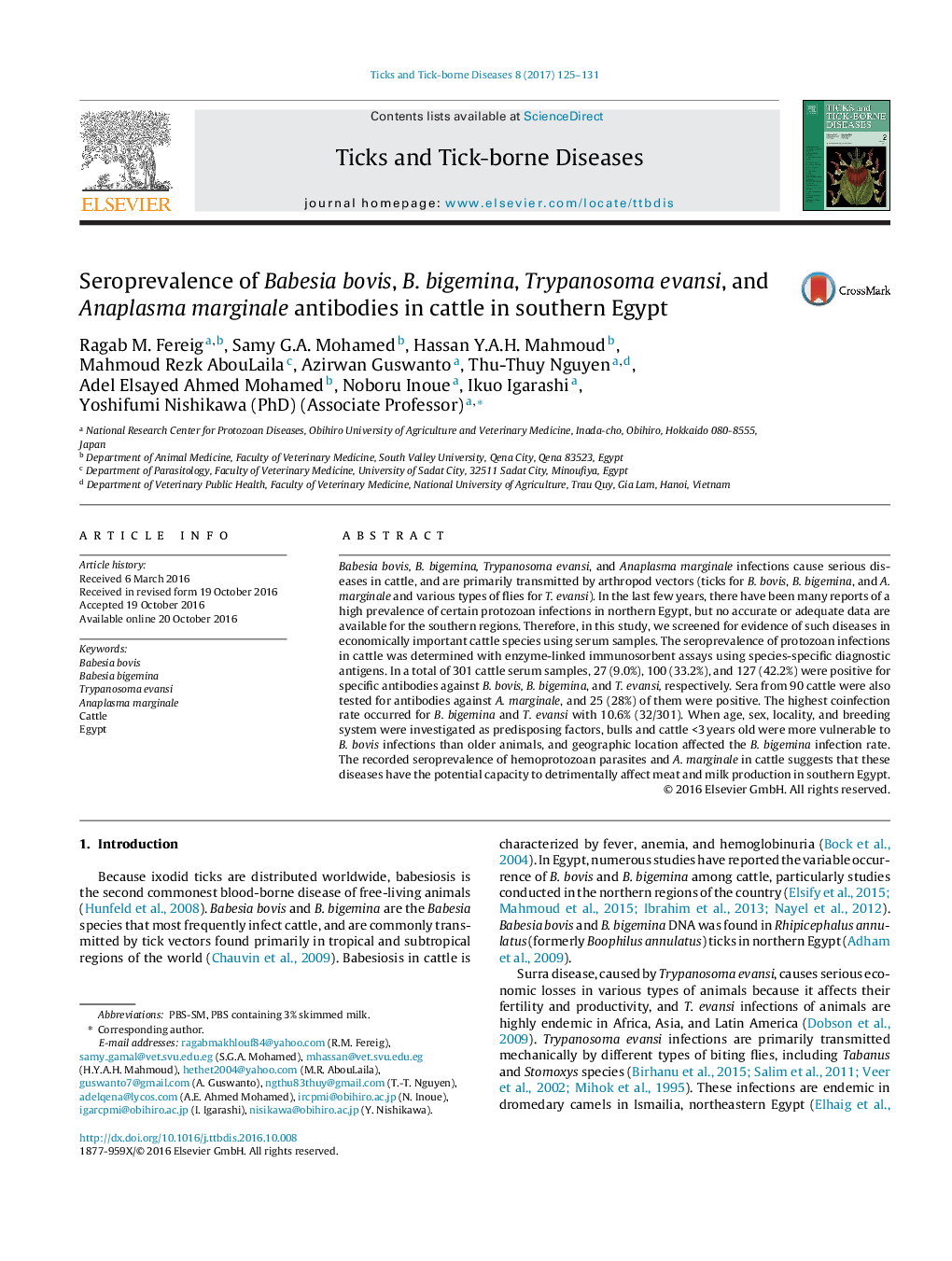 Seroprevalence of Babesia bovis, B. bigemina, Trypanosoma evansi, and Anaplasma marginale antibodies in cattle in southern Egypt