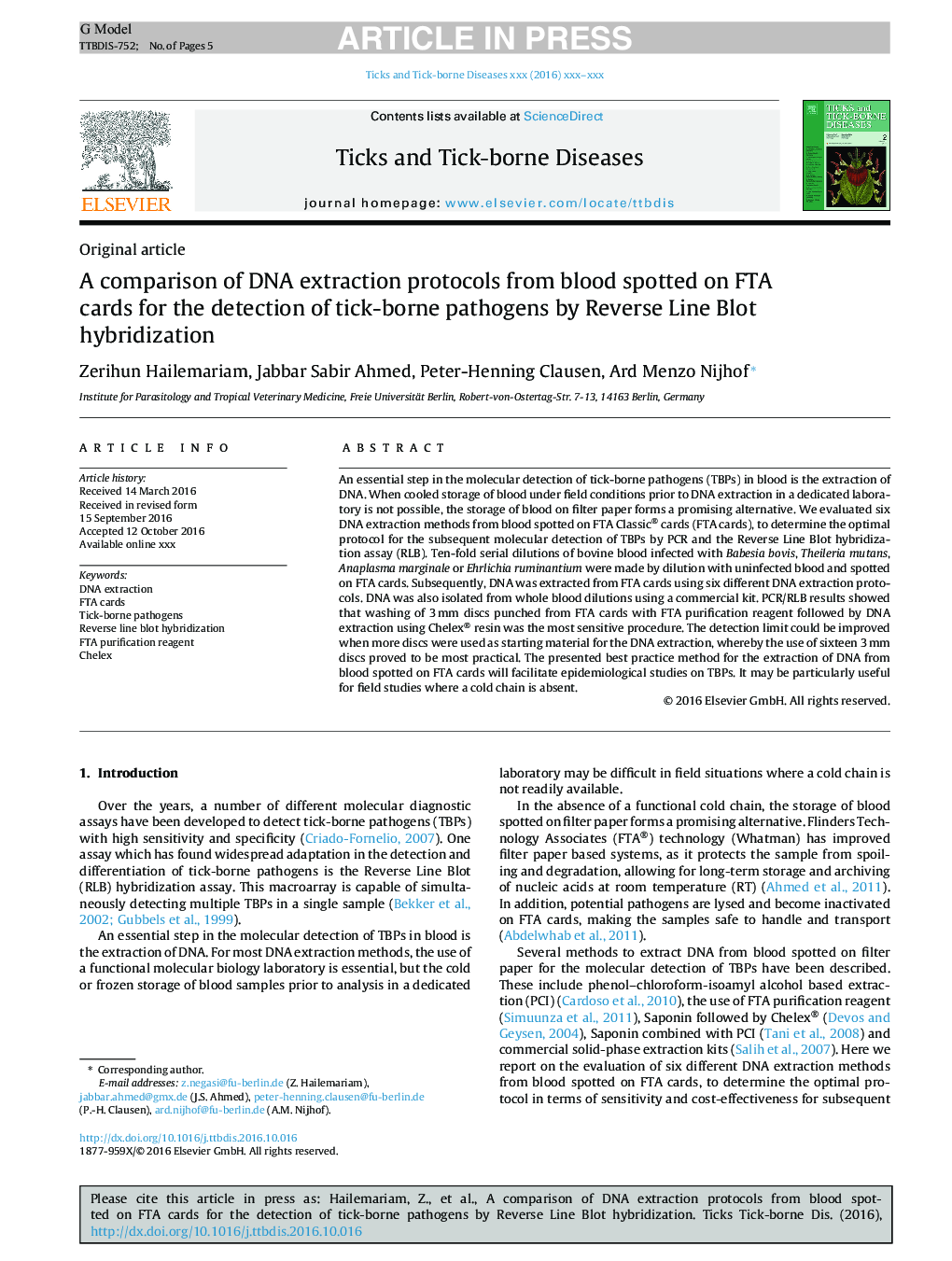 A comparison of DNA extraction protocols from blood spotted on FTA cards for the detection of tick-borne pathogens by Reverse Line Blot hybridization