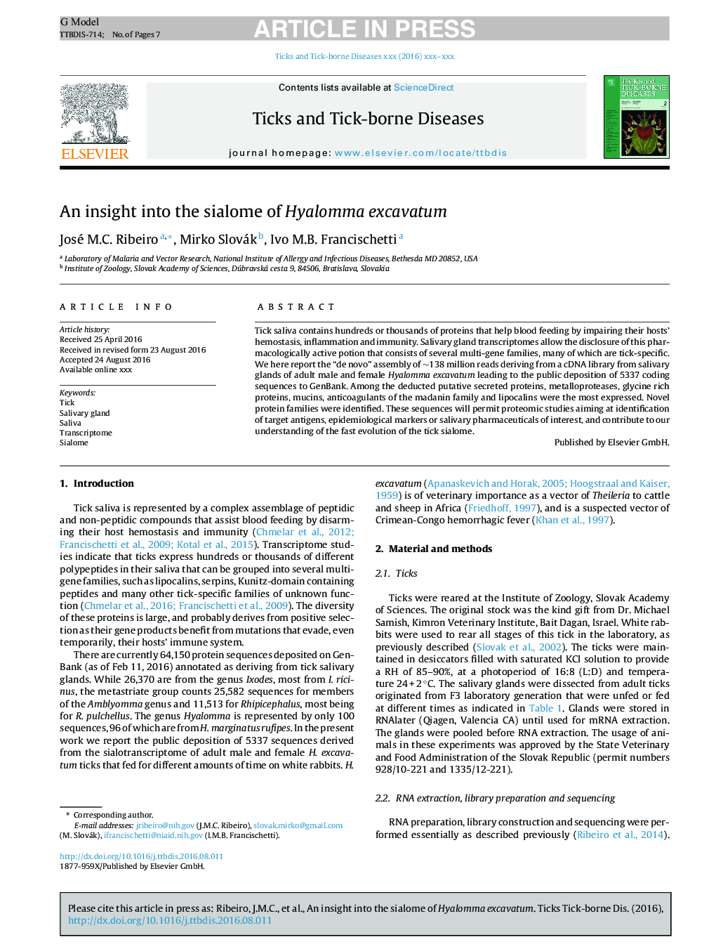 An insight into the sialome of Hyalomma excavatum