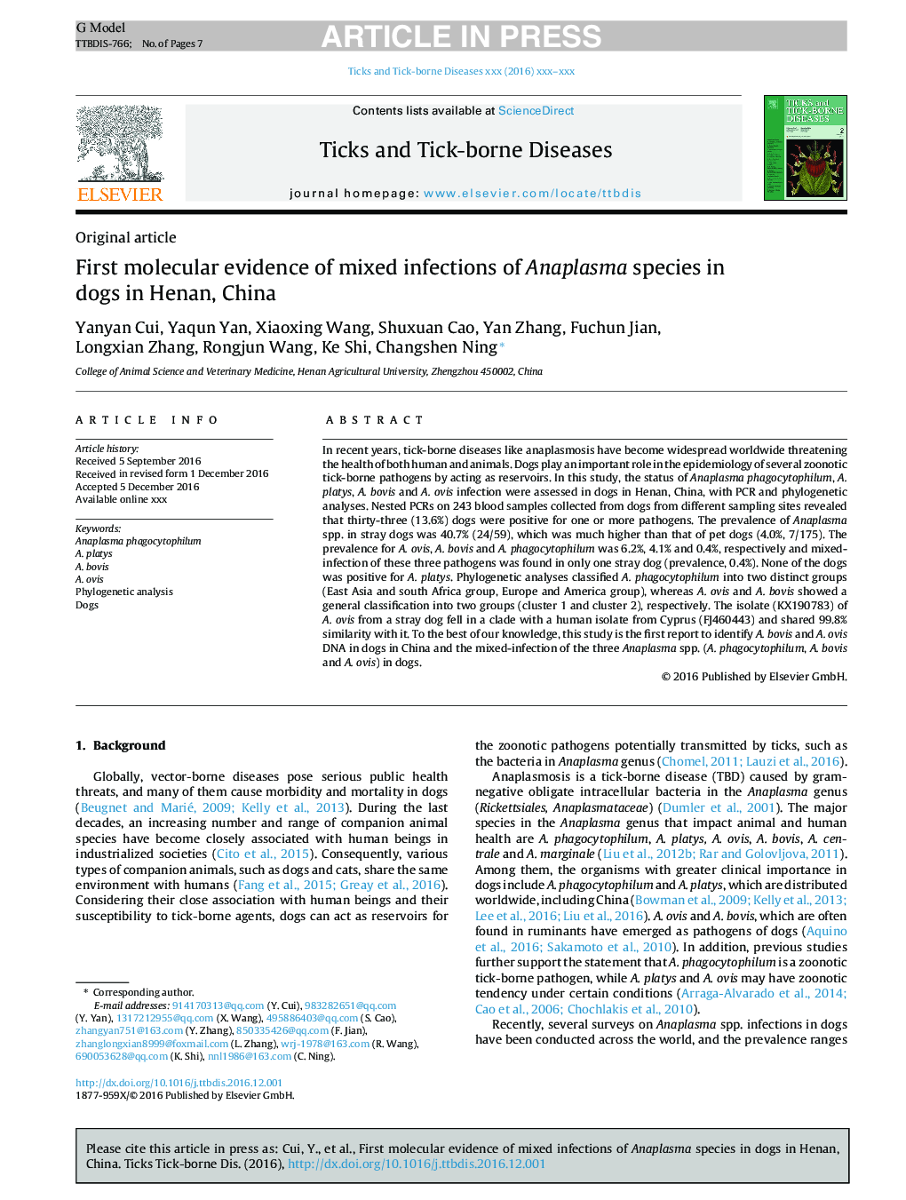 First molecular evidence of mixed infections of Anaplasma species in dogs in Henan, China