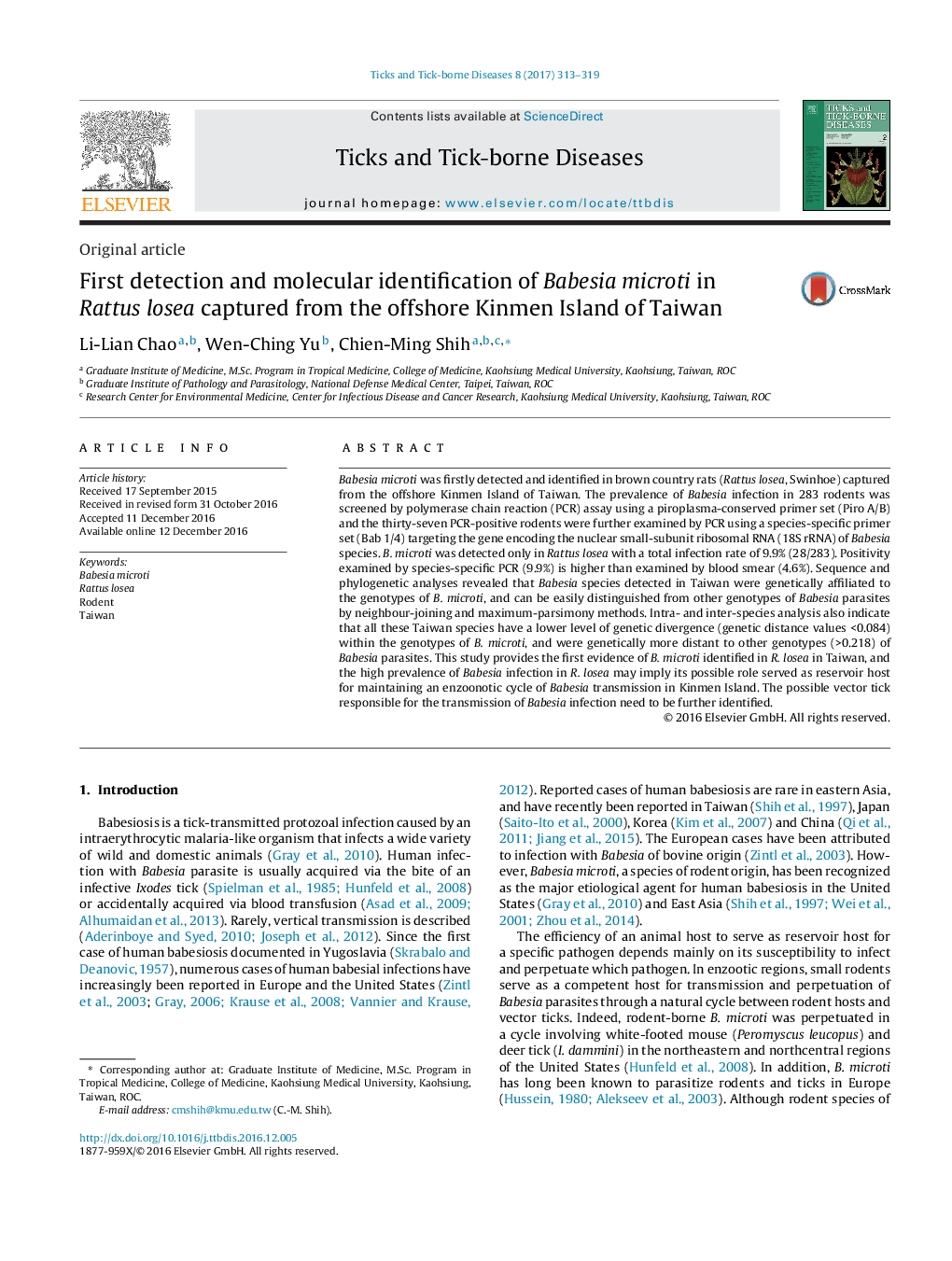 First detection and molecular identification of Babesia microti in Rattus losea captured from the offshore Kinmen Island of Taiwan