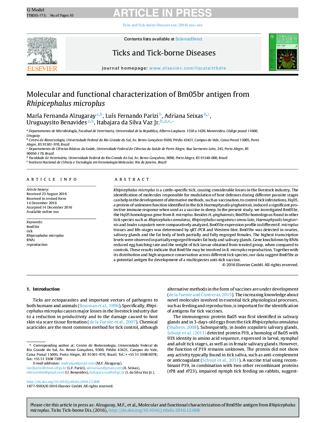 Molecular and functional characterization of Bm05br antigen from Rhipicephalus microplus