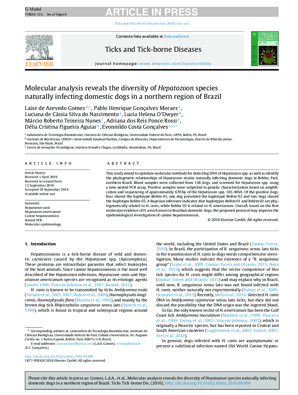 Molecular analysis reveals the diversity of Hepatozoon species naturally infecting domestic dogs in a northern region of Brazil