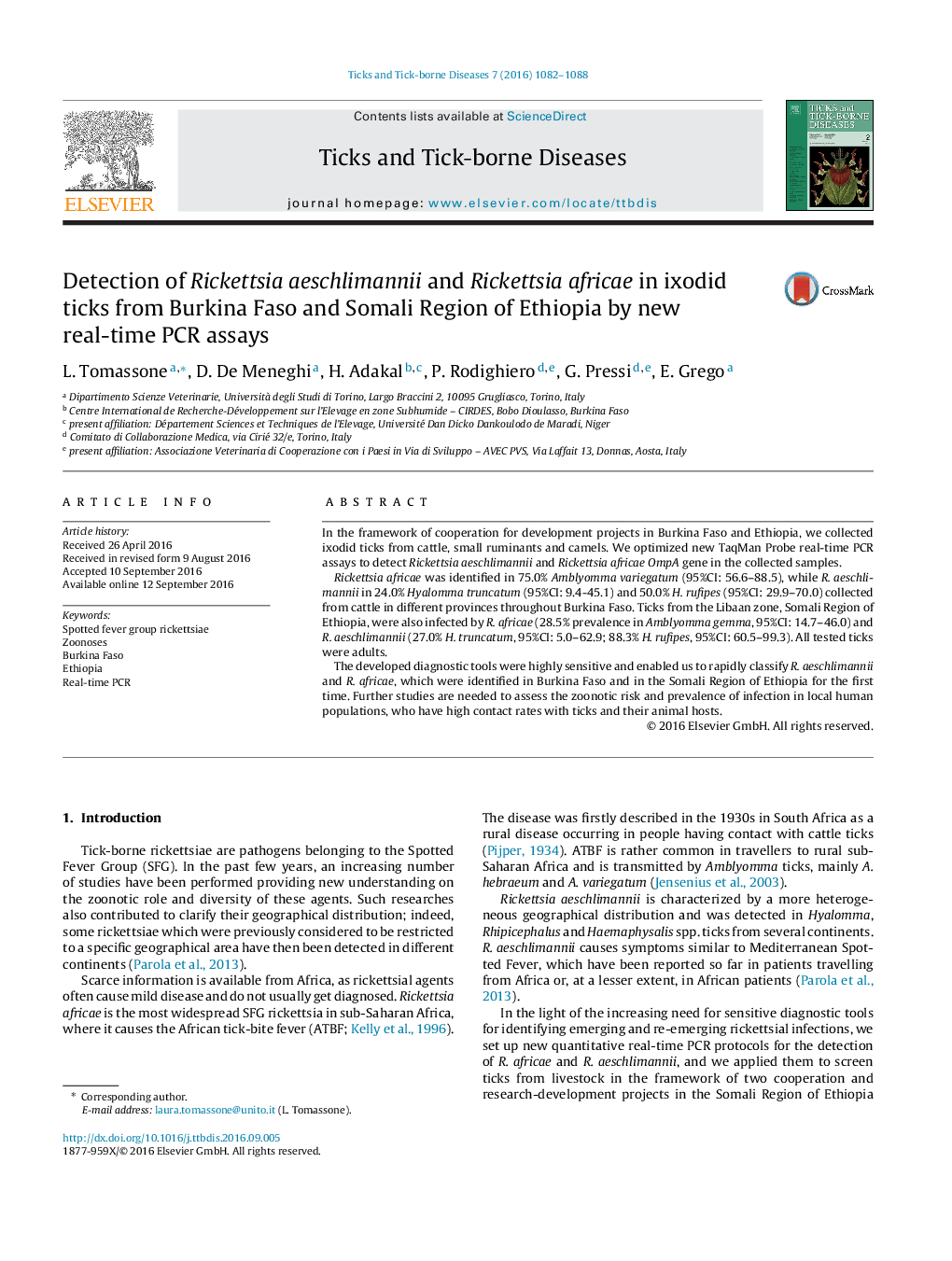 Detection of Rickettsia aeschlimannii and Rickettsia africae in ixodid ticks from Burkina Faso and Somali Region of Ethiopia by new real-time PCR assays