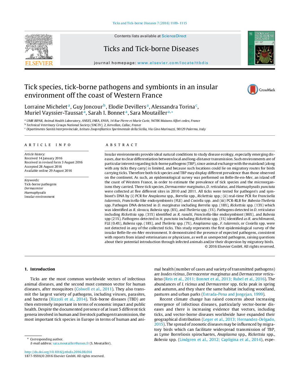 Tick species, tick-borne pathogens and symbionts in an insular environment off the coast of Western France