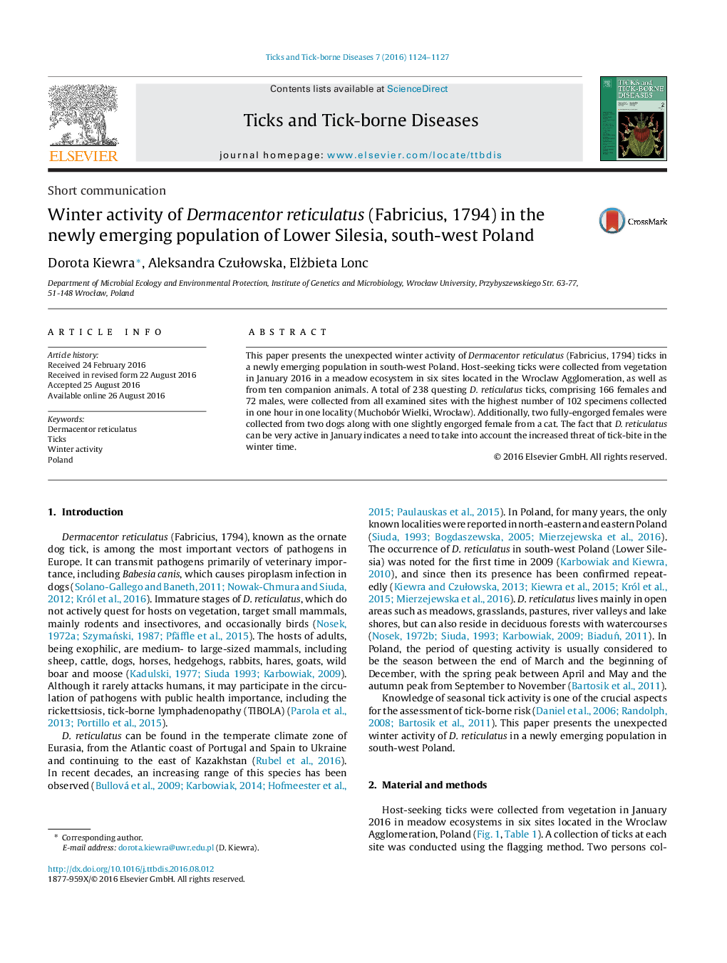 Winter activity of Dermacentor reticulatus (Fabricius, 1794) in the newly emerging population of Lower Silesia, south-west Poland