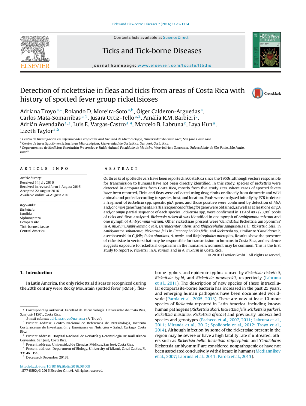 Detection of rickettsiae in fleas and ticks from areas of Costa Rica with history of spotted fever group rickettsioses