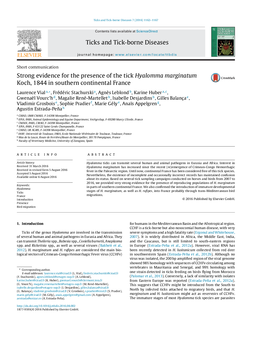 Strong evidence for the presence of the tick Hyalomma marginatum Koch, 1844 in southern continental France