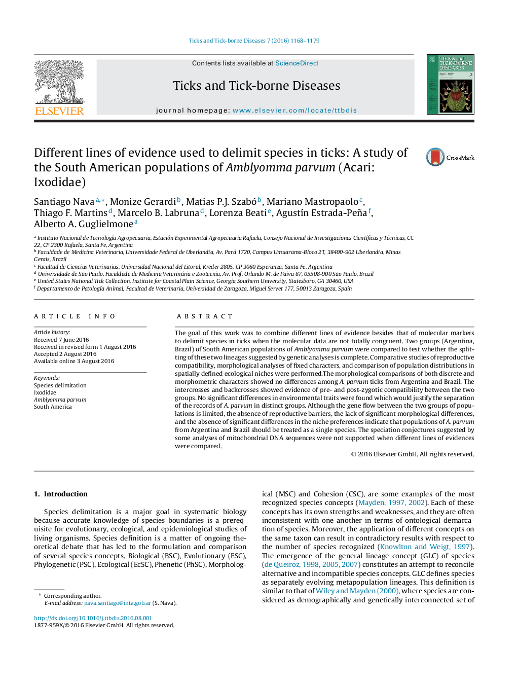 Different lines of evidence used to delimit species in ticks: A study of the South American populations of Amblyomma parvum (Acari: Ixodidae)