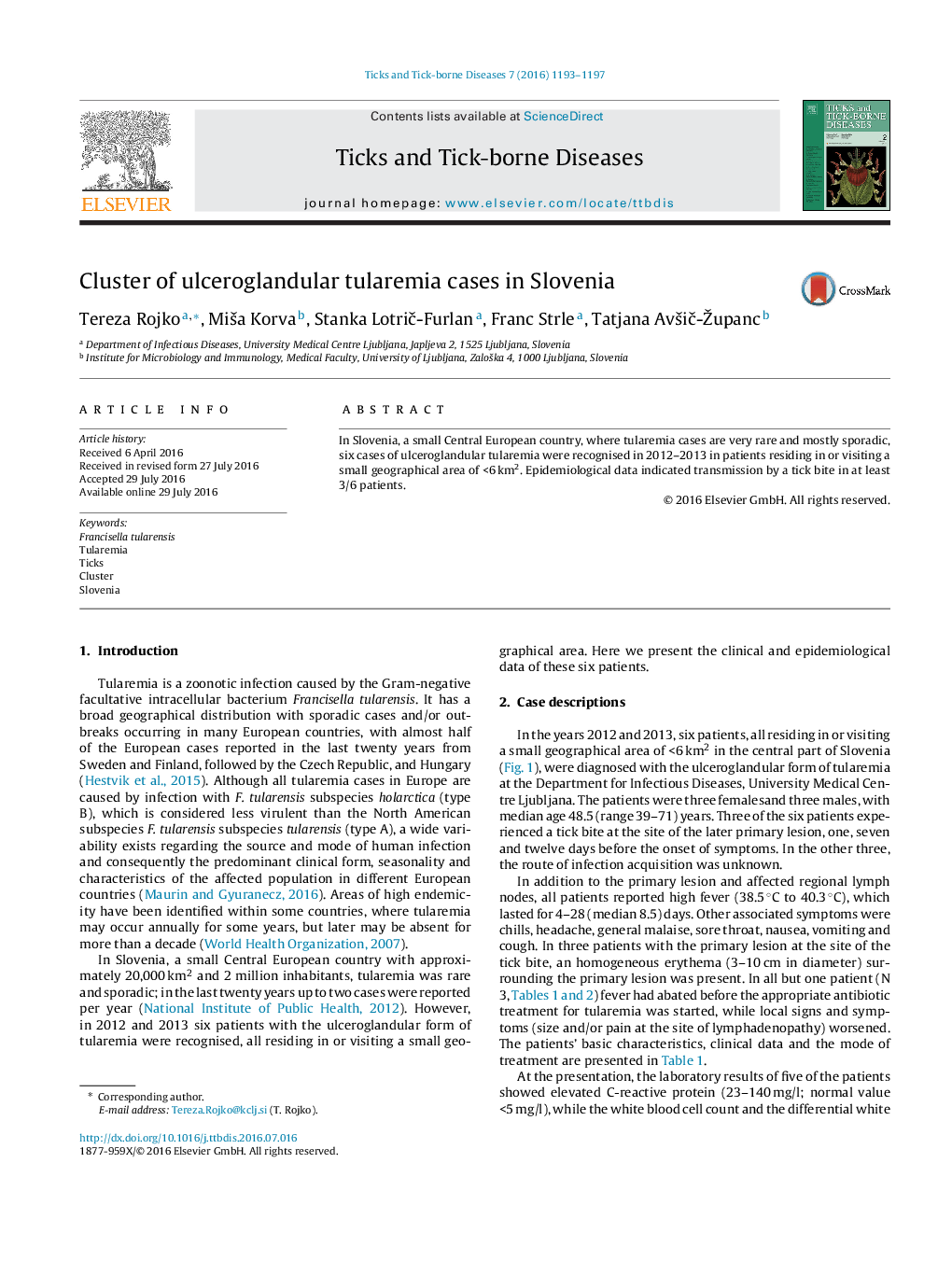 Cluster of ulceroglandular tularemia cases in Slovenia