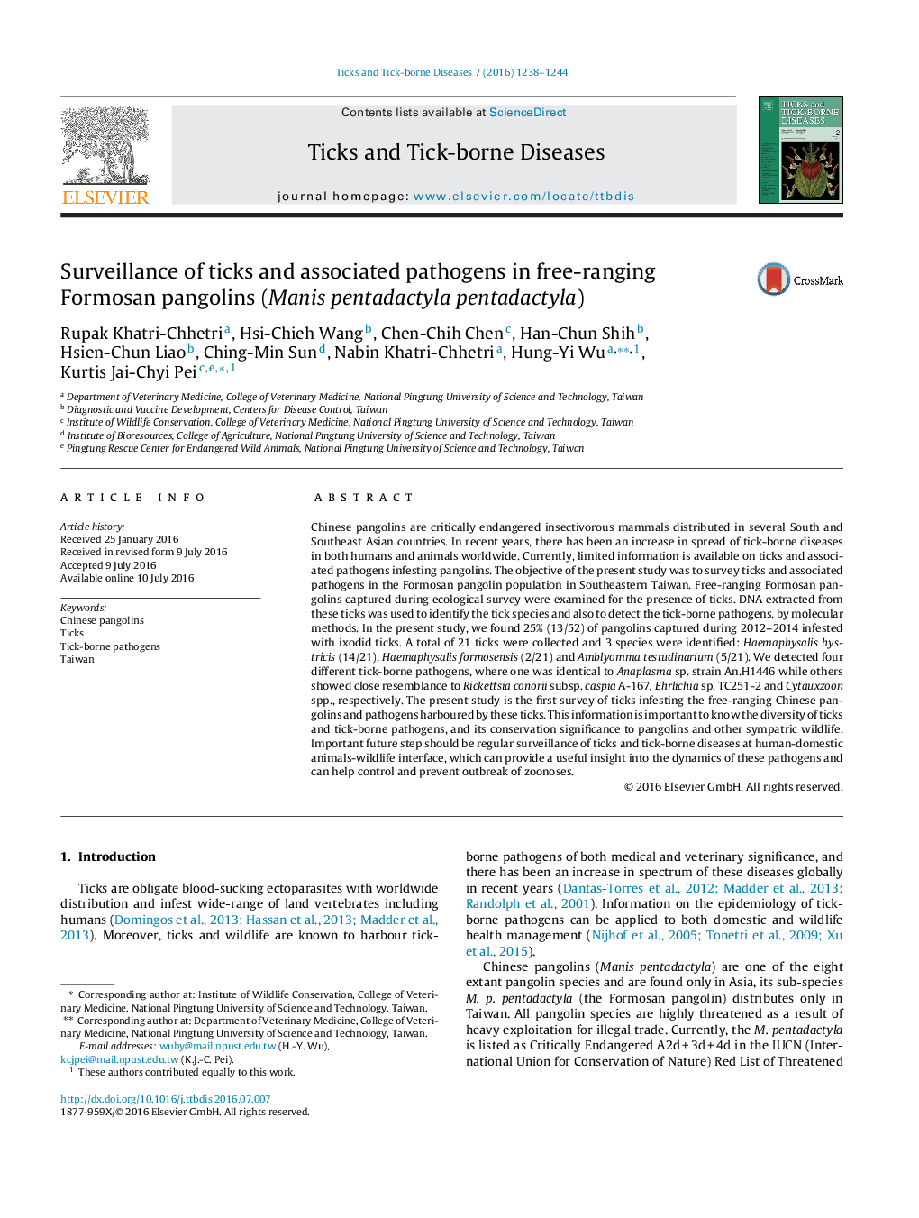 Surveillance of ticks and associated pathogens in free-ranging Formosan pangolins (Manis pentadactyla pentadactyla)