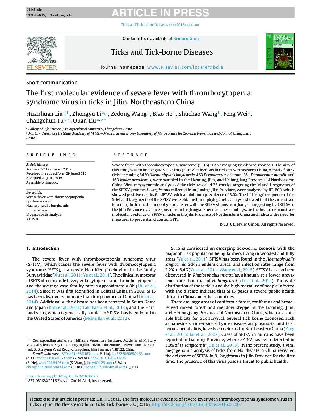 The first molecular evidence of severe fever with thrombocytopenia syndrome virus in ticks in Jilin, Northeastern China