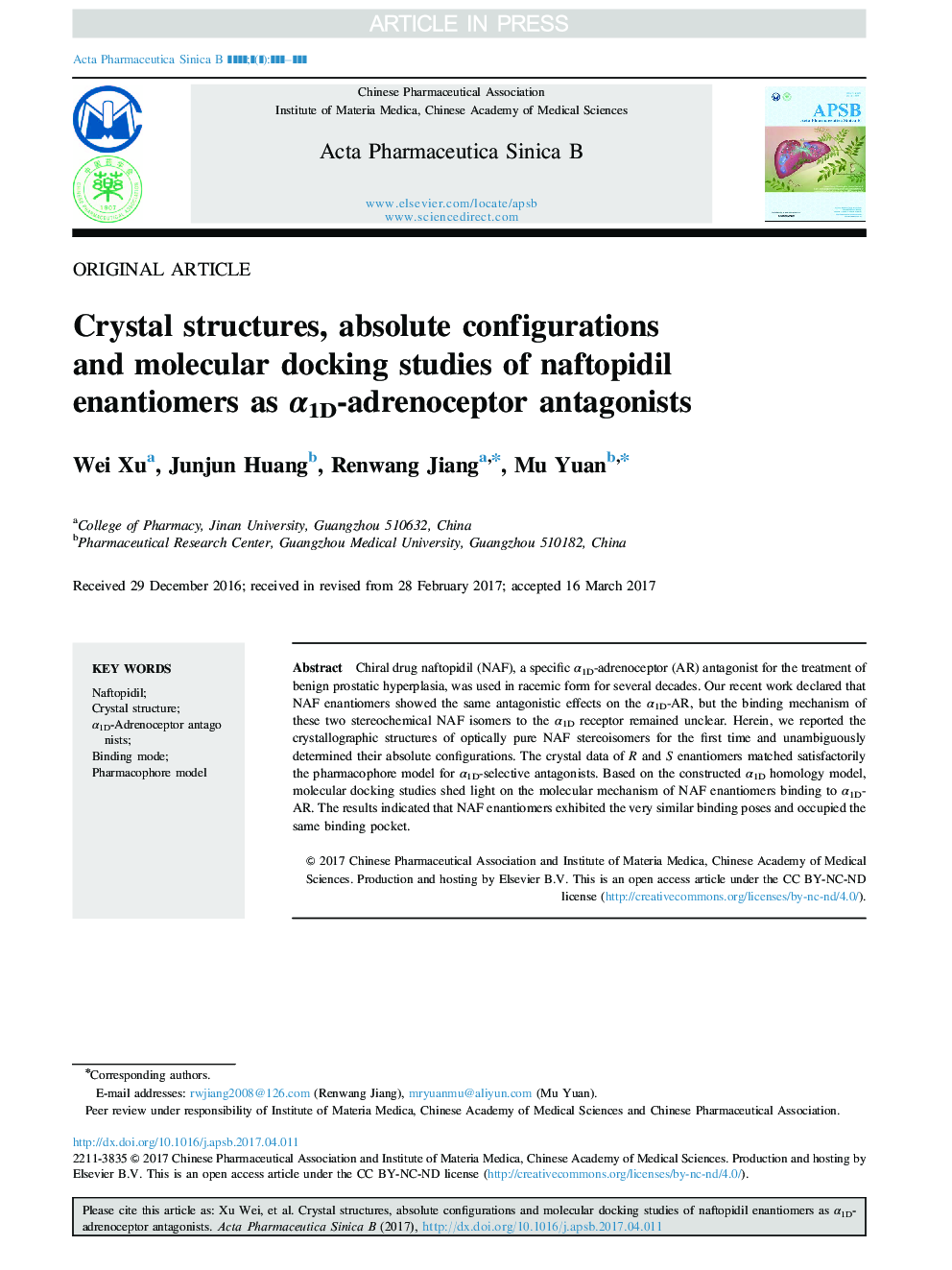 Crystal structures, absolute configurations and molecular docking studies of naftopidil enantiomers as Î±1D-adrenoceptor antagonists