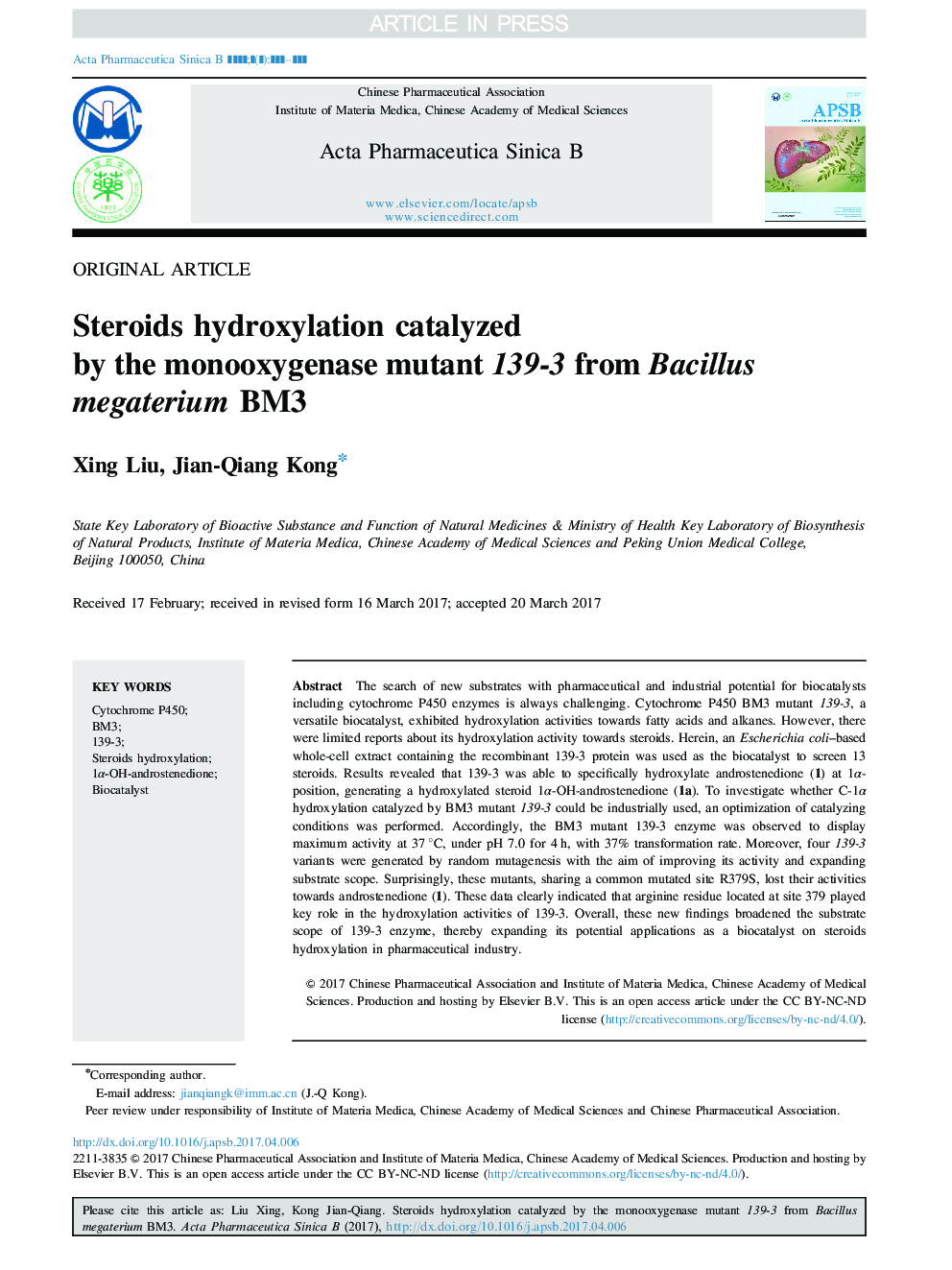 Steroids hydroxylation catalyzed by the monooxygenase mutant 139-3 from Bacillus megaterium BM3