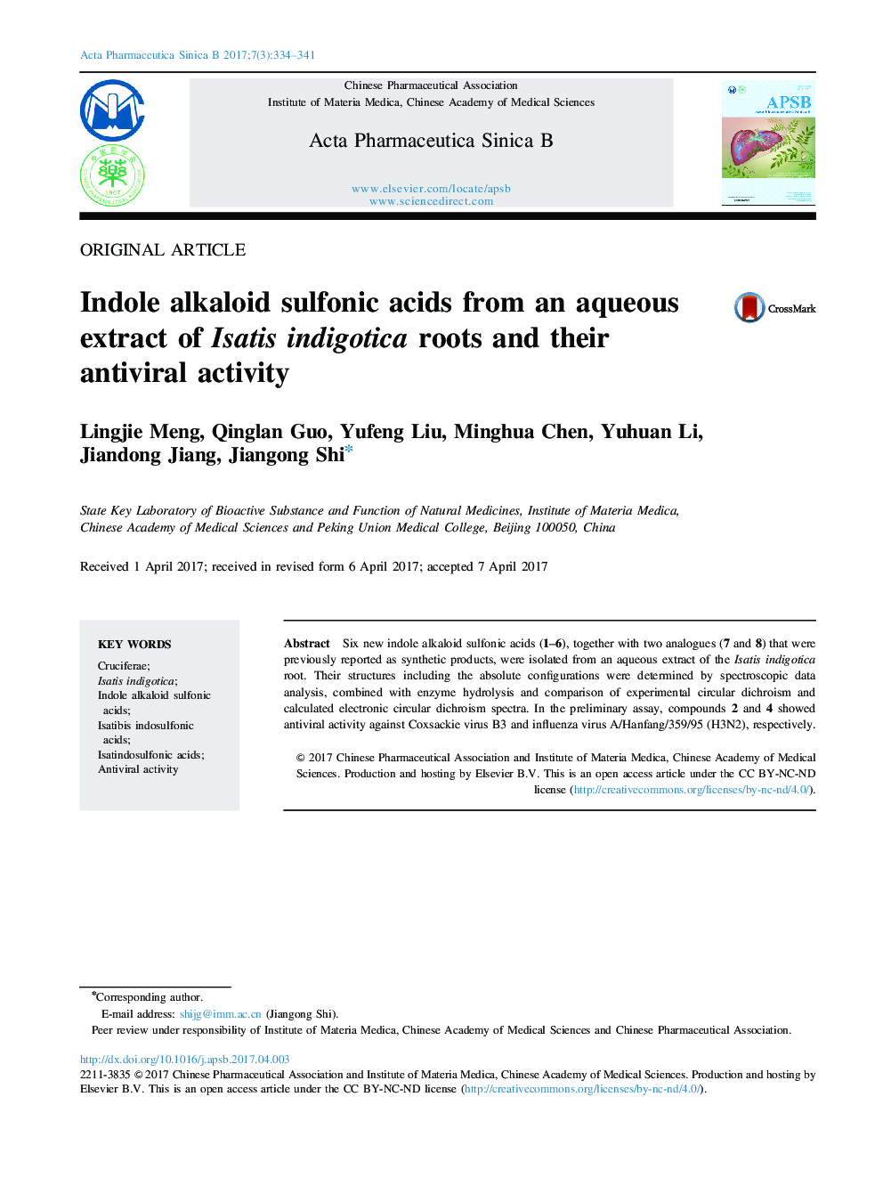 Indole alkaloid sulfonic acids from an aqueous extract of Isatis indigotica roots and their antiviral activity