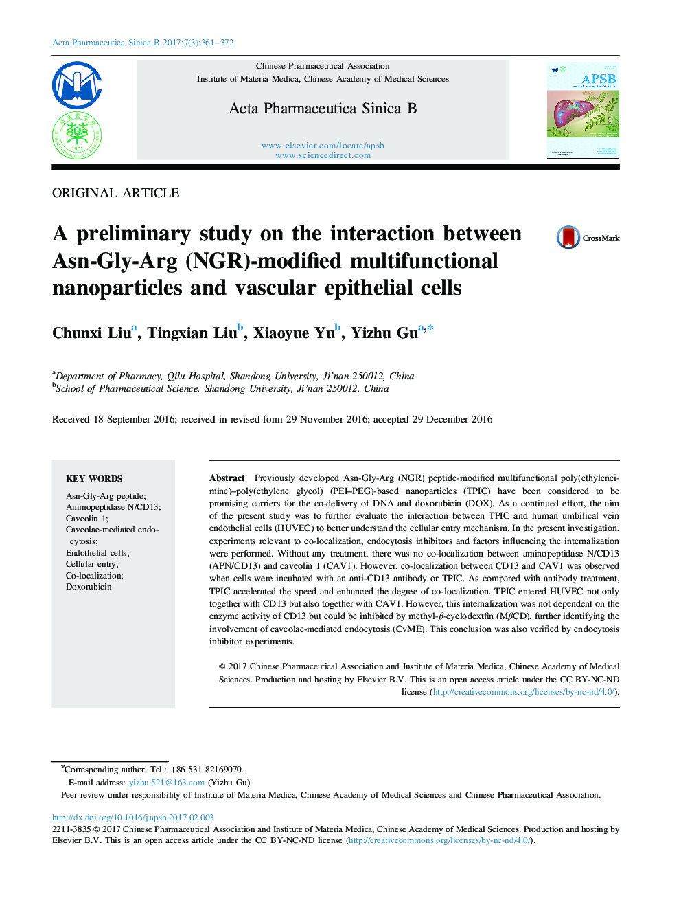 عکس صفحه اول مقاله: A preliminary study on the interaction between Asn-Gly-Arg (NGR)-modified multifunctional nanoparticles and vascular epithelial cells A preliminary study on the interaction between Asn-Gly-Arg (NGR)-modified multifunctional nanoparticles and vascular epithelial cells