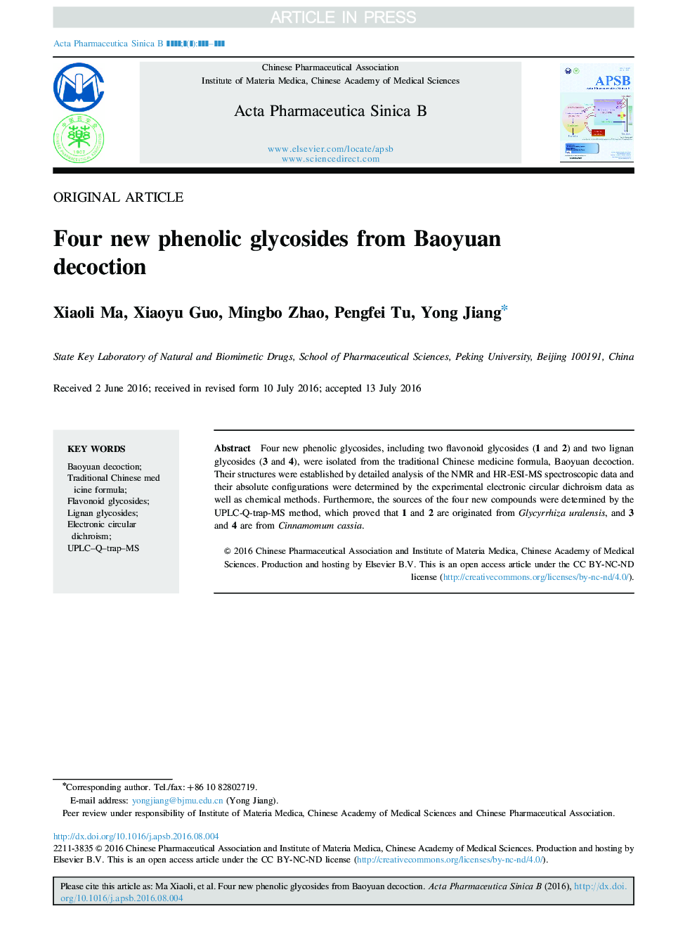 Four new phenolic glycosides from Baoyuan decoction