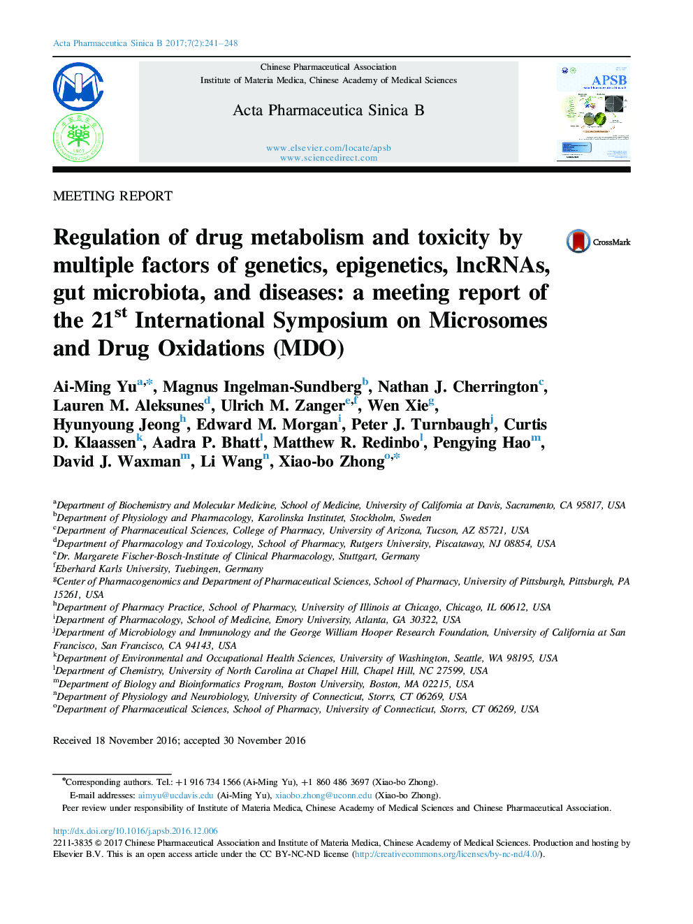 Regulation of drug metabolism and toxicity by multiple factors of genetics, epigenetics, lncRNAs, gut microbiota, and diseases: a meeting report of the 21st International Symposium on Microsomes and Drug Oxidations (MDO)