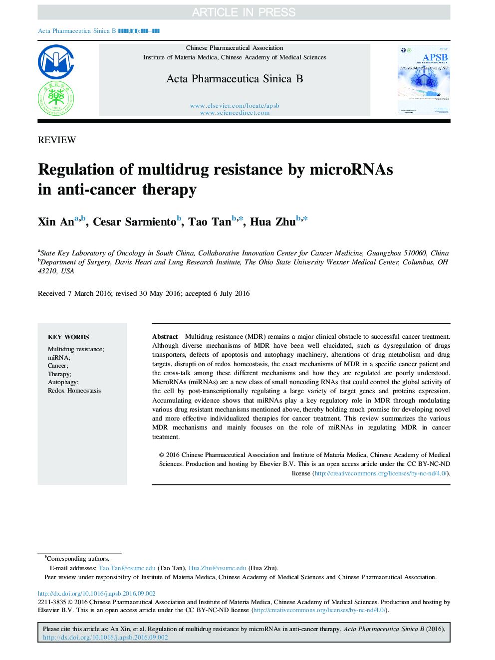 Regulation of multidrug resistance by microRNAs in anti-cancer therapy