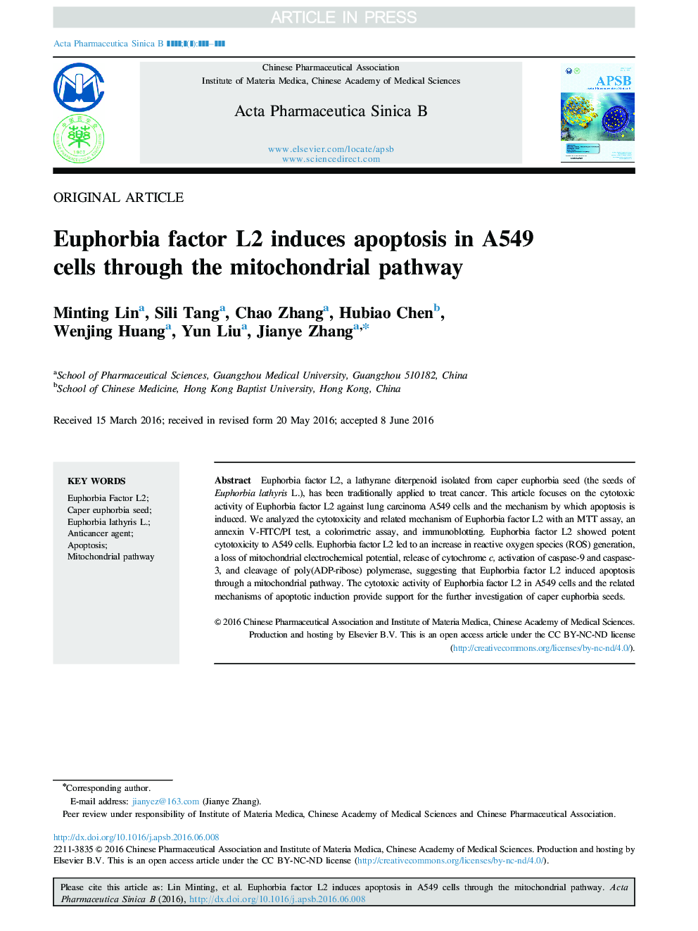 Euphorbia factor L2 induces apoptosis in A549 cells through the mitochondrial pathway